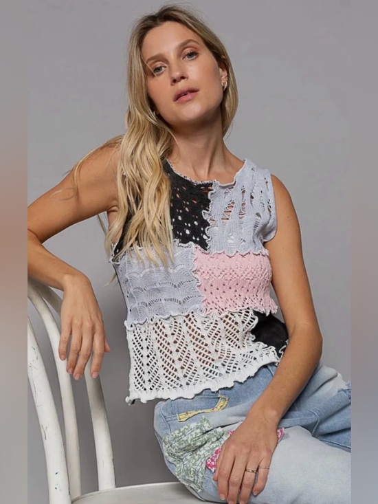 POL Tops - New POL M pp16-20 Patchwork Crochet Top White, Pink, Black, Gray, Green